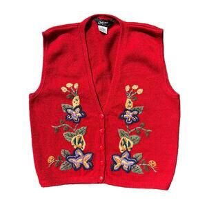 Options Melrose Red Floral Embroidered Knit Vest 90s